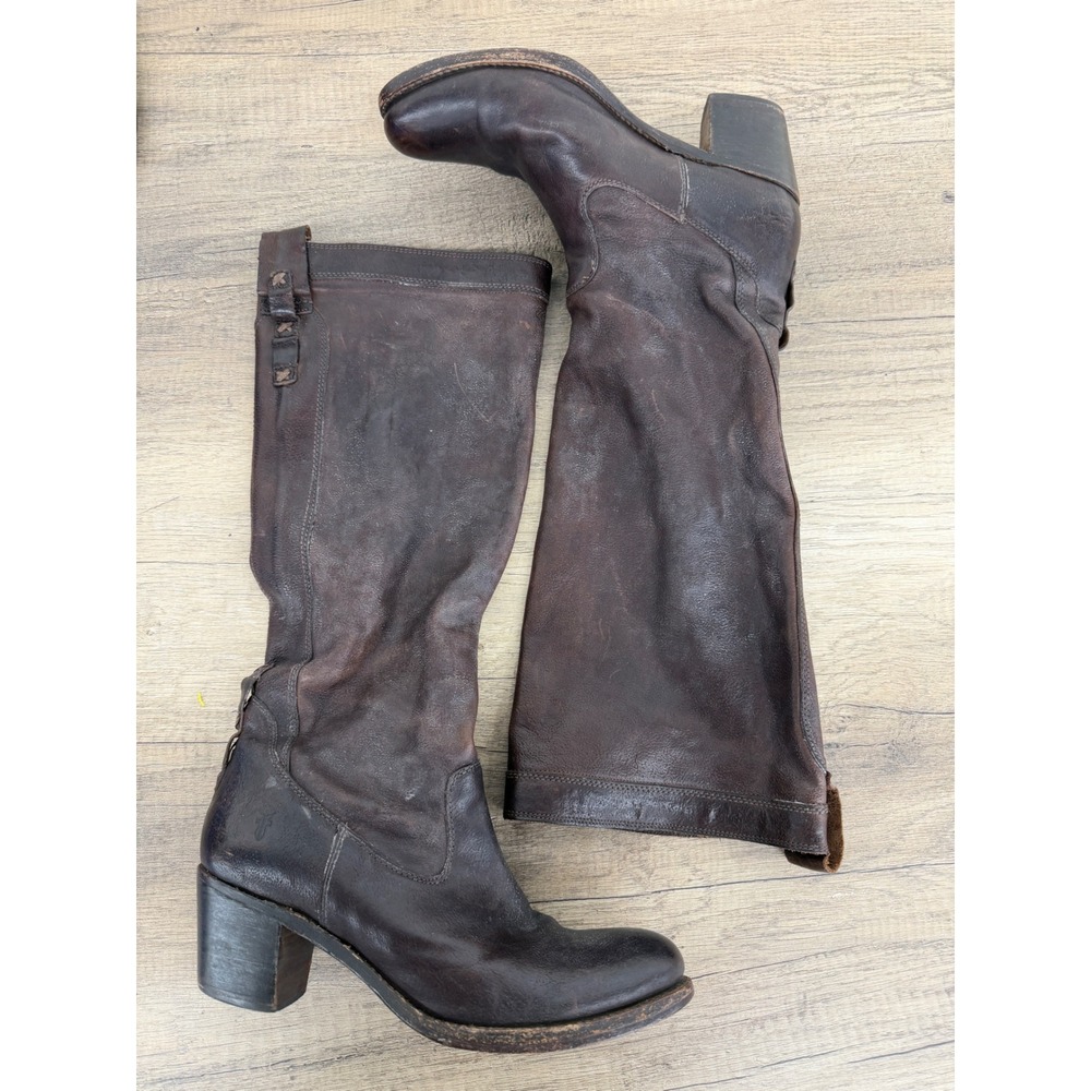 Frye Womens Dark Brown Distressed Leather Tall Pull On Stacked Heel Boots 7639